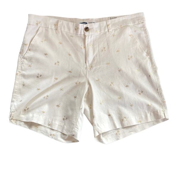 Old Navy Cream Metallic Gold Palm Trees Everyday Short Sz 14 Linen Blend Summer - Picture 1 of 9